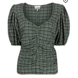 Ganni Seersucker Rouched Blouse - Green Top